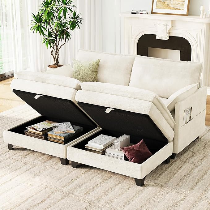 72 Loveseat Modular Sectional Sleeper Sofa Chenille Cloud Couch Bed with Storage Ottoman Modern Deep Seat Couches with Side Pocket for Living Room Bedroom and Apartment Beige