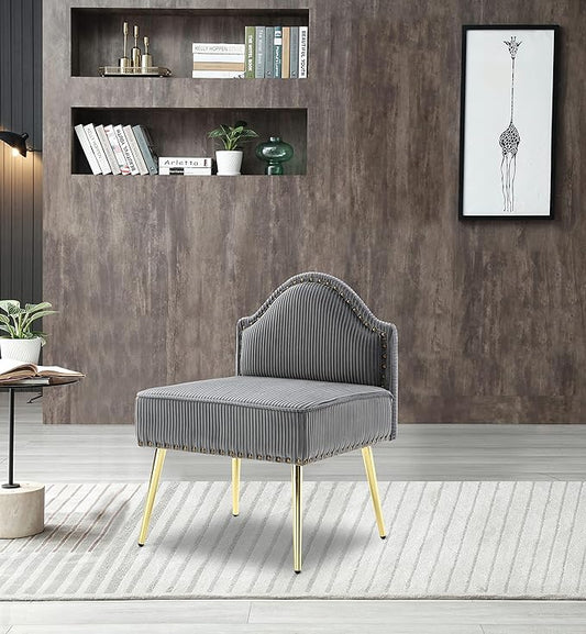 Modern Upholstered Pleated Velvet Accent Chair Tufted Dining Office Chairs Armless Slipper Chair Mid-Century Side Chair Single Luxury Sofa Chair with Golden Legs for Living Room Small SpaceGrey