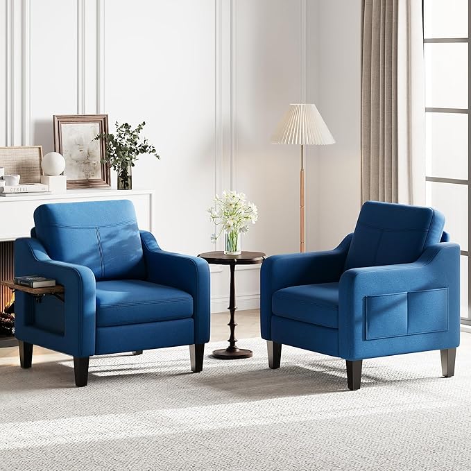 Accent Chair for Living Room Modern Linen Upholstered Armchair Side Wooden Fabric Sofa Chair with Foldable Table 2 Side Pockets Comfy Reading Chair for Bedroom