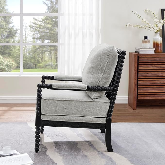 Roundhill Furniture Belvoir Upholstered Spool Accent Chair with Turned Wood Frame Gray with Black Finish