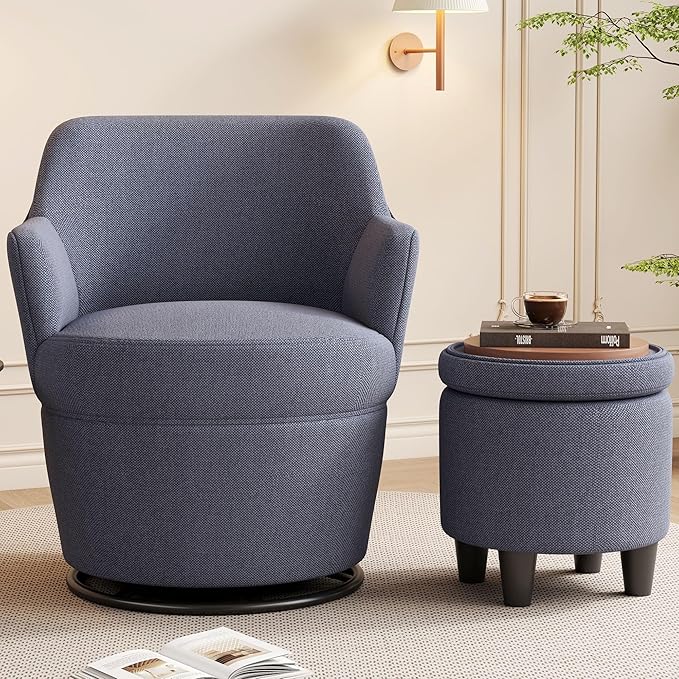Upholstered Swivel Chair with Storage Ottoman360° Swivel Accent Lounge Sofa with Metal BaseComfortable Cotton Linen Barrel Reading Armchair for Living Room Bedroom Office (Blue)