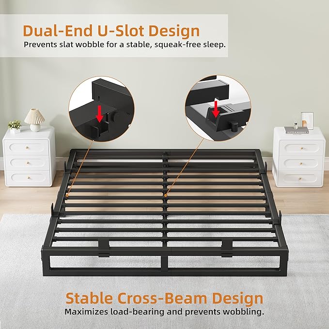 Full Size Bed Frame 6 Inch Metal Platform Bed Frames with Squeak Free U-Slot Design 6 Non-Slip Guards 3500lbs Heavy Duty Steel Slat Support No Box Spring Needed Under Bed Storage Black