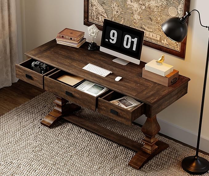 WAMPAT 60-inch Vintage Wood Home Office Desk with Stable Solid Wood Pedestral Legs Tradional Rustic Executive Desk with Deep Drawers and Power Outlets for OfficeStudyDark Walnut Brown