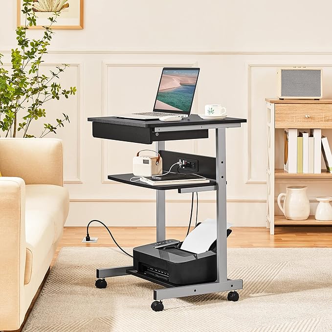 Yaheetech 22 in Laptop Computer Table Home Office Desk with Power Outlet for Small Space Mobile Compact Corner Workstation with Charging Station and USB Ports on Wheels Student Writing Table Black