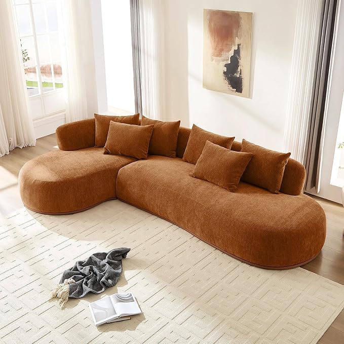 kevinplus 134.63'' Large Sectional Curved Sofa Couch with Chaise Lounge for Living Room Oversize L-Shape Modern Sectional Sofa Couch Wood Structure &amp Easy Assembly (Left-Facing Orange)