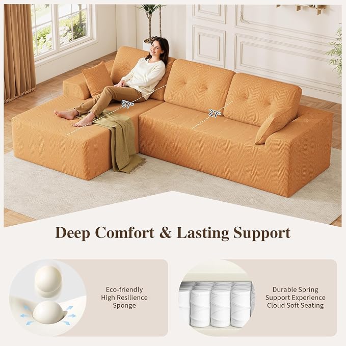 Ball &amp Cast 106 Cloud Sectional Couch Compressed L-Shaped Sofa with Deep Seat Chaise Boneless No Assembly Modular Couch Foam &amp Spring Support 2 Boxes (Left Facing Chenille Orange)