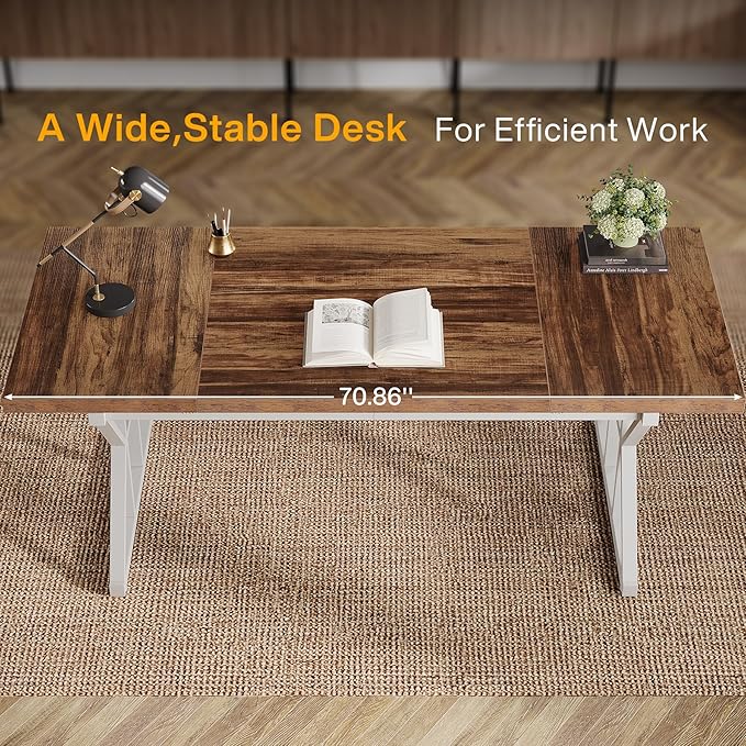 Tribesigns 70.86-Inch Large Executive Desk Industrial Home Office Computer Desk Simple Long Writing Study Table Business Furniture (Brown-White)