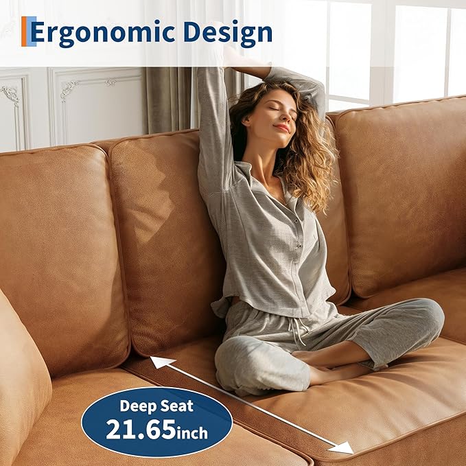 GarveeHome 3-Seater Sofa Couch with 2 Throw Pillows 85 Inches Faux Leather Couch with Wide Armrests Deep Seats Wood Legs Back Cushion Sturdy Support Feet Couches for Living Room Office Brown