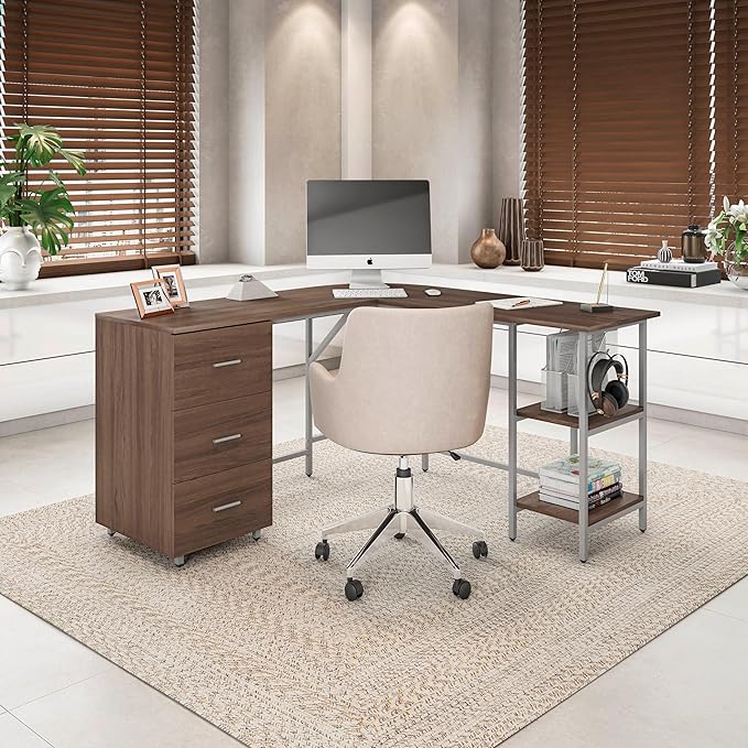 Techni Mobili L Shaped Desk - Two-Toned Computer Desk with Drawers &amp Storage Shelves - Simple Modern Furniture &amp Home Office Space Corner Table for Work &amp Writing