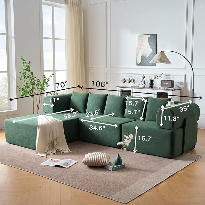 Boneless L-Shaped Modular Couch - 106 Inch Cloud Velvet Sectional SofaDeep Seating Comfort No Assembly Required Ideal for Apartments &amp Living RoomsGreen