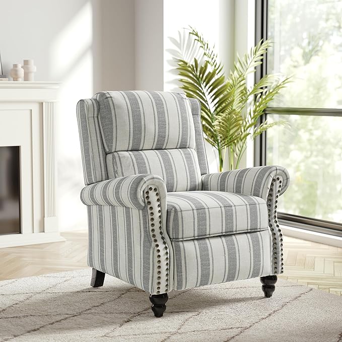 Recliner Chair Modern Pushback Armchair with Adjustable Backrest &amp Footrest for Bedroom Living Room (Grey StripeSet of 1)