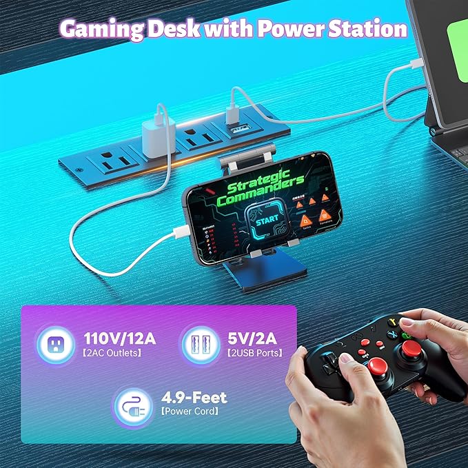 EnHomee 52.2'' Gaming Desk with LED Lights &amp Fabric Drawer L Shaped Computer Desk with Ergonomic Monitor Stand Reversible Office Desk with Hutch &amp Power OutletCorner Desk with HooksBlack