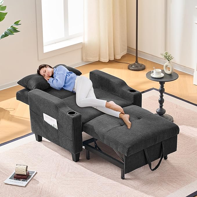 3 in 1 Convertible Sleeper Chair Corduroy Single Sleeper Sofa Bed Pull Out Sofa Bed Chair with Adjustable Backrest &amp Side Pockets for Living Room Black