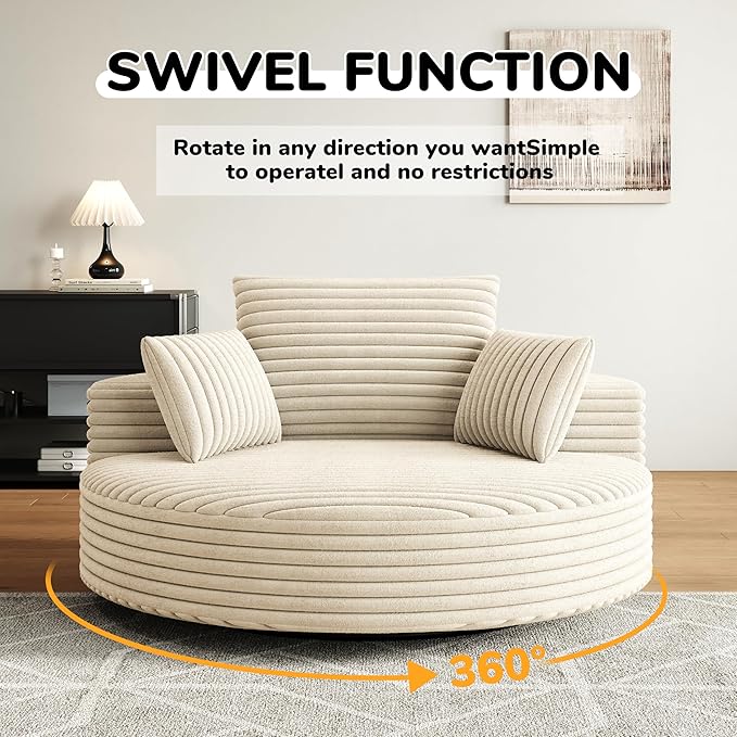 TTK 55” Oversized Corduroy Swivel Chair Fluffy 360° Rotating Sleeper Armchair with Pillows &amp Headrest Full Foam Barrel Chair for Living Room Bedroom Reading Nook Lounge or Apartment Beige