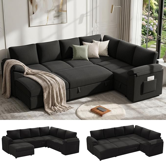 108 Inch Sectional Sleeper Sofa Bed with Pull Out Couch U Shaped 7 Seat Cloud Modular Sectional Sofa with Storage Corduroy Sectional Couches for Living Room Removable Sofa Cover Black