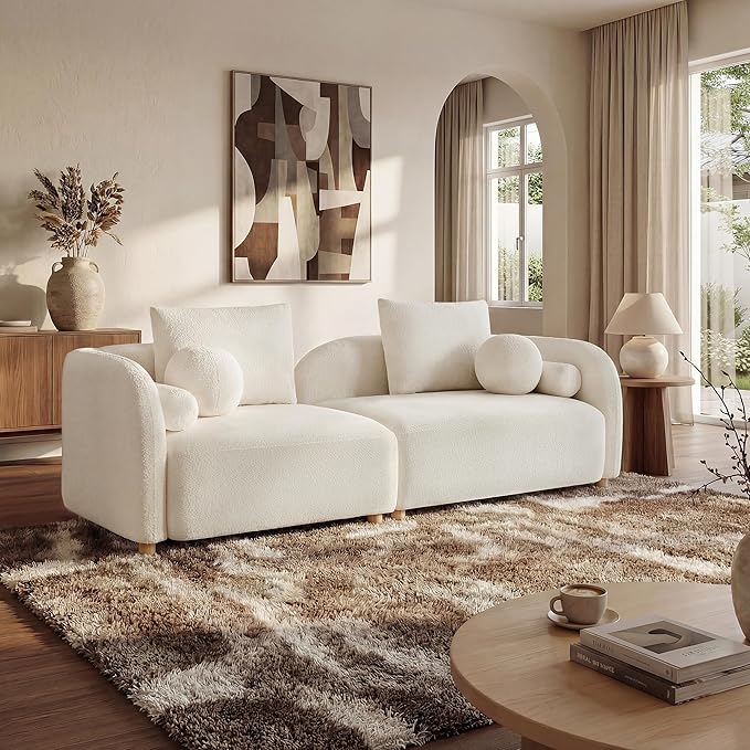 Modern Curved Sofa 3-Seater Comfy Cloud Boucle Couch with Wood Leg &amp Pillows Minimalist Sofas for Living Room Apartment Cream White 91.75‘’ | Curved design 6 sofa pillows Simple assembly Mo