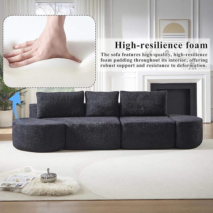 106“ Boneless Chenille V-Shaped Modular Sofa Set Three Throw Pillows 3-Seater Sofa Two Curved Ottomans Combination Couch for Living Rooms (Black 106 Right Chaise)