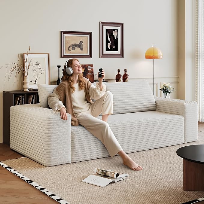 Modern Corduroy Loveseat Sofa2-Seater Cloud Couch with Memory Foam and Furry PillowsDeep Seat Small Sofa with Wide ArmrestsNo Assembly Couch in a Box for BedroomSmall Space (White70.8in)