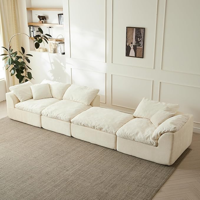 109 Modular Cloud Couches for Living Room Boneless Couch Deep Seat Convertible L-Shape with Ottoman Oversized Comfy 3-Seater Couch Chenille Fabric Compressed Sofa Modern Sectional SofaCreamy White