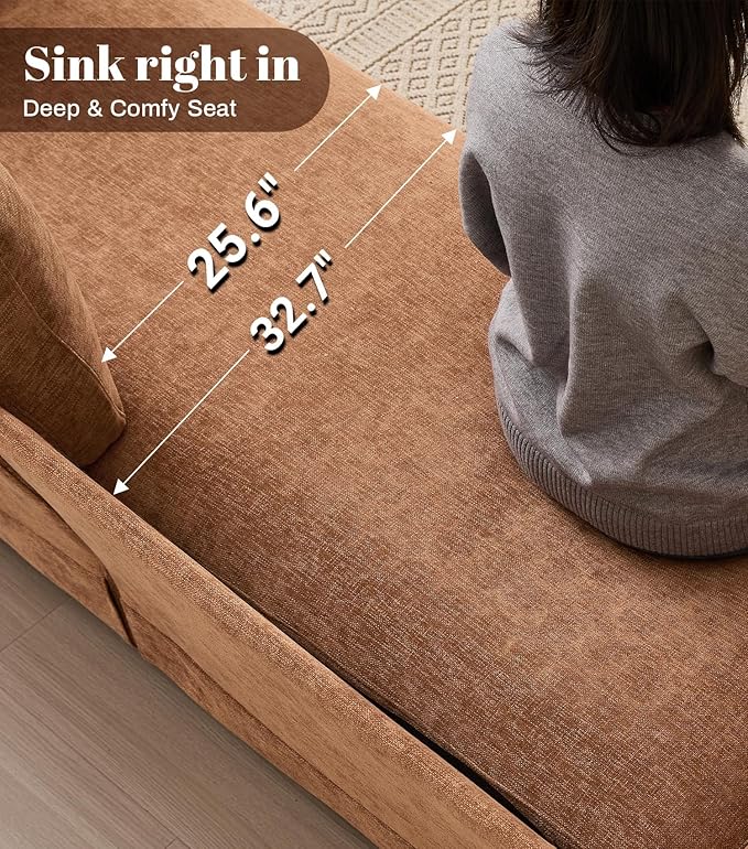 Kingfun 83 Chenille Sofa Modern Couch with Thickened Cushions Mid Century Couches with Solid Wood Frame Comfy Deeper Seats T-Cushion for Living Room and Bedroom Brown