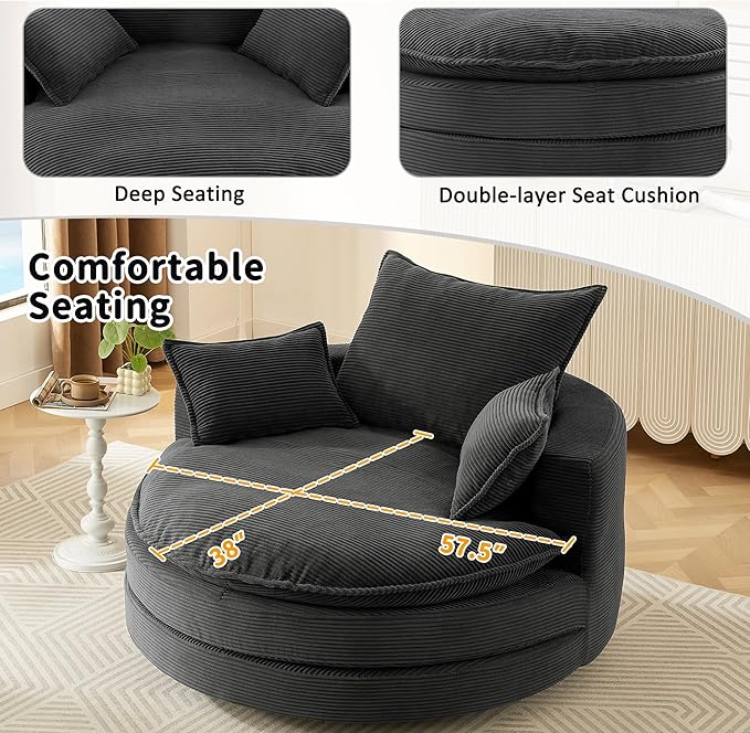 Eafurn 57.5 Oversized Swivel Barrel Chair with Dual-Layer Cloud Cushion Modern Corduroy Accent Round Chair for Living Room 360° Rotating Lounge Armchair with 3 Pillows for Bedroom &amp Reading Noo