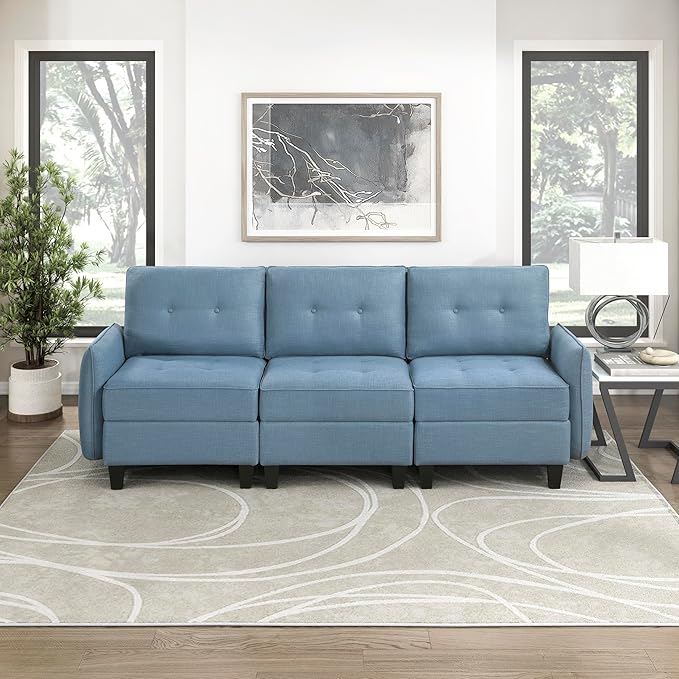 Lexicon Modern Couch with Hidden Storage Textured Fabric Modular Sofa Couch with Button-Tufted Design Reversible Back Cushion for Living Room/Bedroom/Office Blue