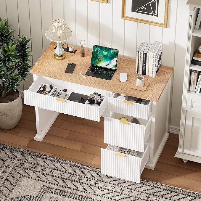 47 Farmhouse Executive Desk Home Office Desk with Drawers and Charging Station Wood Home Office Desk Fluted Computer Writing Desk for Study Living Room Bedroom
