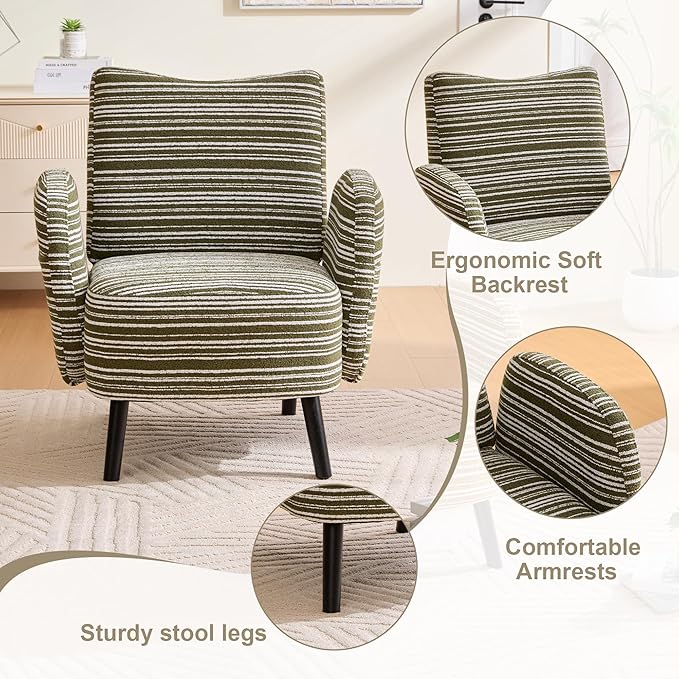 Modern Upholstered Armchair with Side Storage Pocket Fabric Reading Chair with Solid Wood Legs Ergonomic Accent Chair for Living Room Bedroom &amp Office (Green)