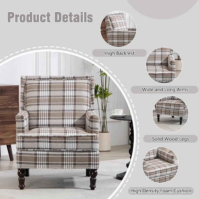 Accent Chair Plaid Modern Comfy Mid-Century Accent Chairs Upholstered Lounge Arm Chair with Solid Wood Frame for Living Room/Bedroom-Brown Plaid