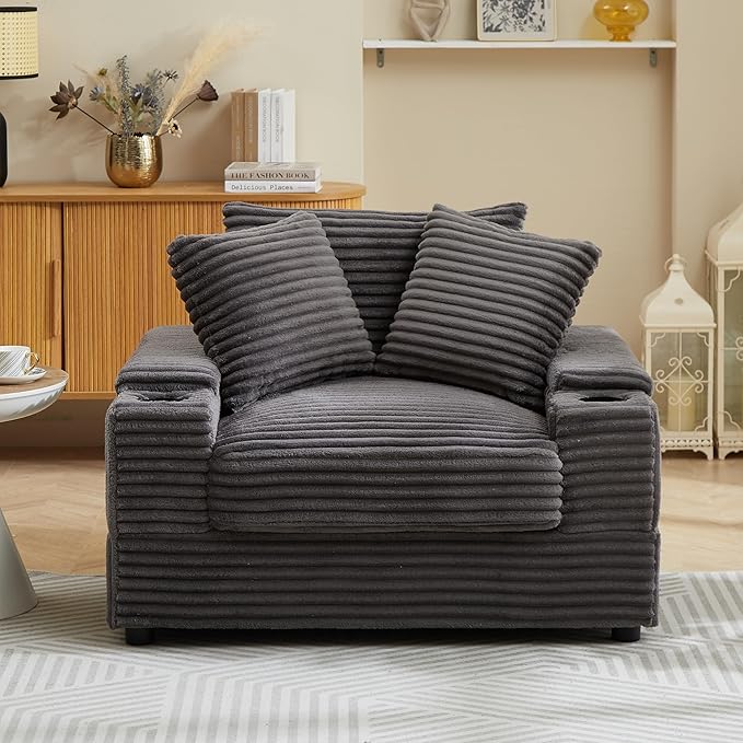 Corduroy Upholstered Chaise Lounge Sofa with Movable Ottoman and Cupholders43.3 w Oversized Singel Chair Convertible Sleeper Sofabed with Detachable Cushions Deep Seat for Living Room Office