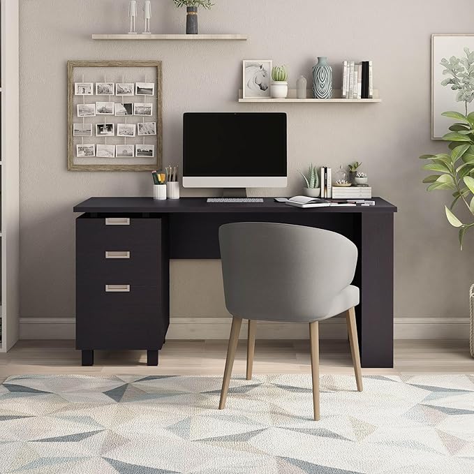Furniture of America Collin Modern 3-Drawer and 2 Magazine Racks Wood 60-inch Office Desk with Built-in File Cabinet for Study Room Home Office Espresso