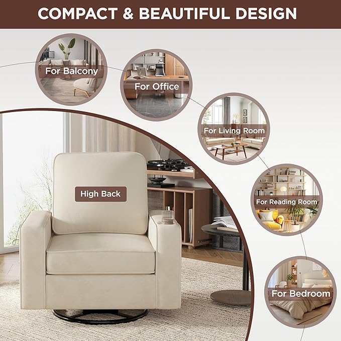 Swivel Square Accent Chair with Wide Armrests360° Rotating Comfy Single Sofa Chairs with USB/Type-CCup Holder &amp Side PocketModern Armchair for Living Room Bedroom Reading Lounge NookBeige Whit