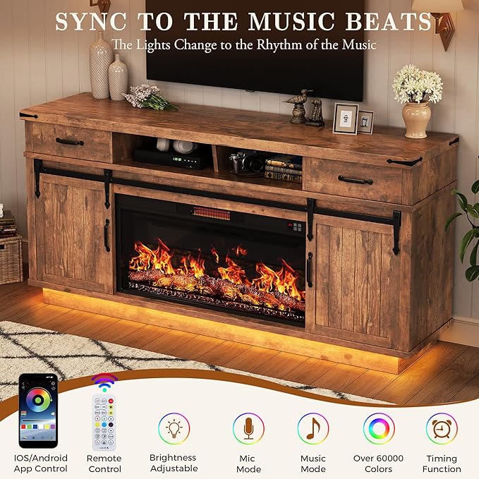 Fireplace TV Stand for TVs up to 65 Electric Fireplace with 3D Flame Farmhouse LED Light Entertainment Center TV Console with with 2 Drawers Sliding Barn Door for Living Room - Brown