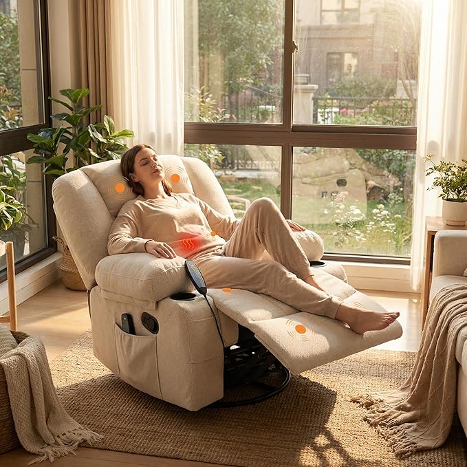 Oversized Wide Recliner Chair-Heat and Vibration Massage 360° Swivel Rocker Chair for AdultsChenille Fabric Manual Recliner with Cup Holders &amp Side Pocket for Living Room BedroomWhite