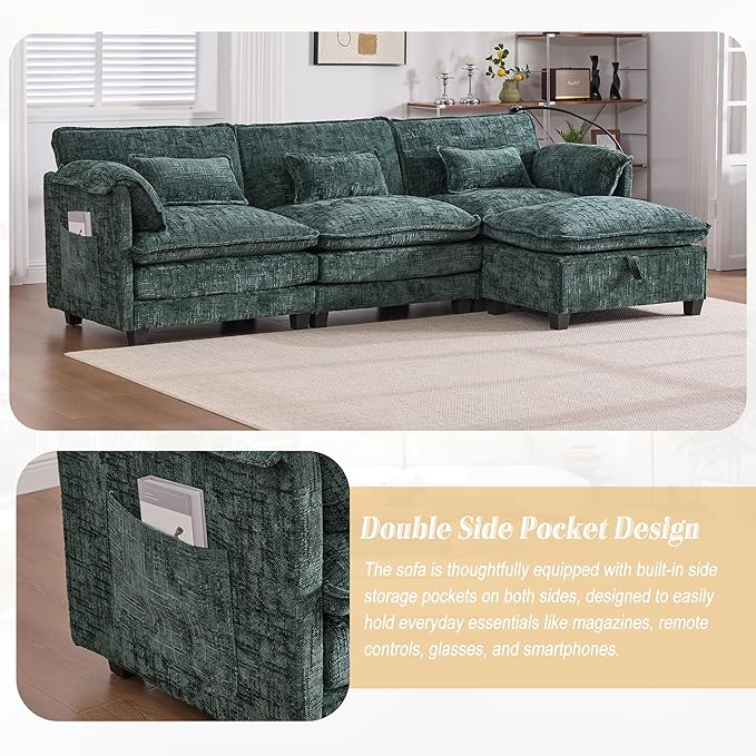 KEIKI 110 L-Shaped Boucle Modular Sectional Chenille Sofa with 1 Ottoman &amp Memory Foam Cushion &amp Phone Holder &amp USB Upholstered Oversized 4-Seater Couch Easy Assembly for Living Room