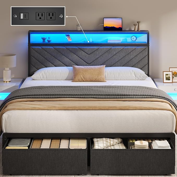 Queen Bed Frame with 2 Drawers Upholstered Headboard with Storage and Charging Station LED Lights Fabric Drawers with Wheels Under Bed Storage No Box Spring Needed Easy Assembly Grey