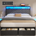 Queen Bed Frame with 2 Drawers Upholstered Headboard with Storage and Charging Station LED Lights Fabric Drawers with Wheels Under Bed Storage No Box Spring Needed Easy Assembly Grey