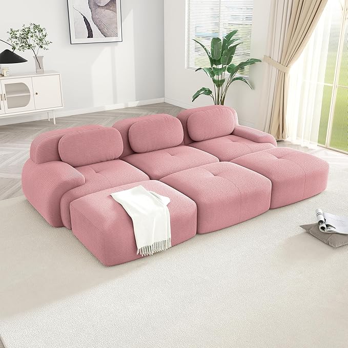 Modular Sectional Sofa 117.3 Cloud Couch 3-Seater Sectional Couch with Movable Ottoman Modern Deep Seat Couches for Living Room Comfy Corduroy Boneless Sofa for Bedroom No Assembly Pink