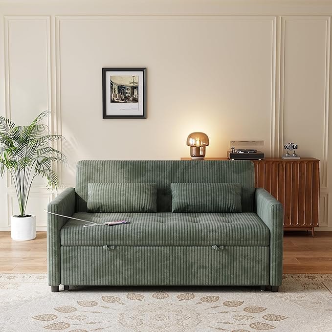 Sofa Bed Loveseat 3-in-1 Sleeper Sofa with Pull Out Bed Pockets and USB Modern 2 Seater Convertible Small Couch for Living Room Bedroom Apartment (Green Corduroy)