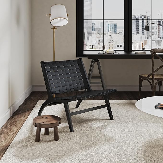 Manhattan Comfort Maintenon Modern Faux Leather Accent Chair with Solid Ashwood Legs Modern Woven Design Fully Assembled Perfect for Living Room Set of 2 Black/Natural