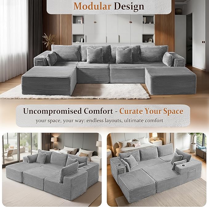 37 Cloud Sectional Couch Ottoman for Living Room Extra Deep Seats No Assembly Minimalist Modular Couch Corduroy (Light Grey Single Ottoman)