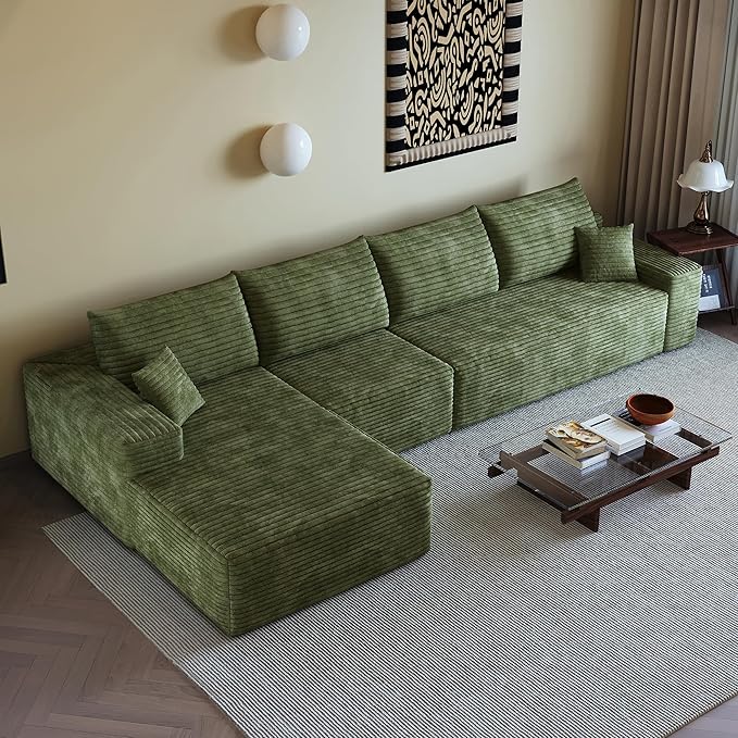 135 Oversized Compressed Sectional Sofa - 33D High-Density Foam Cloud Couch with Deep Seat - Minimalist 3-Piece Corduroy Upholstered Boneless Modular Lounge Couch | Breathable material Full Foam An