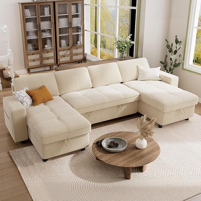 Vipbear Sectional Sleeper Couch with Pull Out Sofa Bed U Shaped Plush Corduroy Couch with Reclining Backrest &amp 2 Storages &amp USB Charging Convertible Cloud Sectional Sofa Bed for Living Room