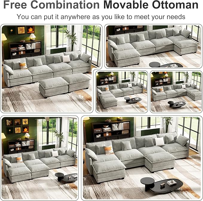 146 Cloud Couch Sectional U Shaped Modular Sectional Sofa 4-Seat Deep Seat Couch with 6 Removable Washable Pillows and 2 Ottoman for Living Room Bedroom Apartment Light Grey