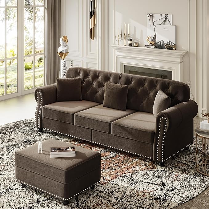 83 Stylish Velvet Sofa with Movable Ottoman Button Tufted Couch Bed with Rolled Armrests Comfort 3-Seater Sofa Bed with Rivet Decor &amp Solid Wood for Living Spaces Brown