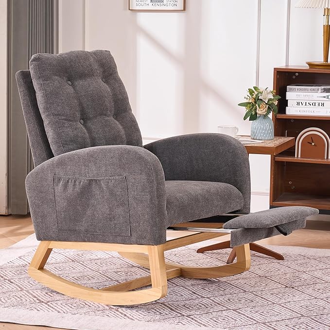 Comfortable Gray Upholstered Rocking Chair with Storage &amp Footrest High Back Solid Wood Legs - Living Room Armchair Bedroom Nursery Rocker