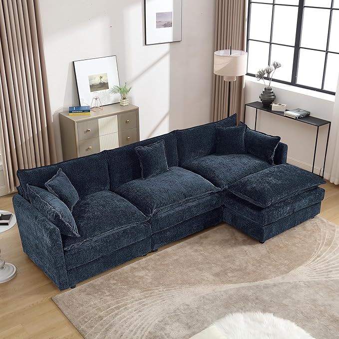Setawix Deep 3 Seater Couch with Ottoman112.2 L-Shaped Cloud Couches for Living RoomChenille Cloud Sofa Couch with Deep SeatModular Sectional L Shape 3 Seat Sofa for Bedroom. (Blue 3+1)