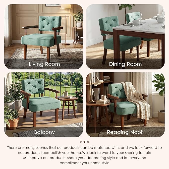 Versatile Accent Chair Small Side Arm ChairMid Century Oversize ArmchairUpholstered Wooden Accent ChairsTufted BackArmrestCushion for OfficeWaiting/Reading/Living Room Green