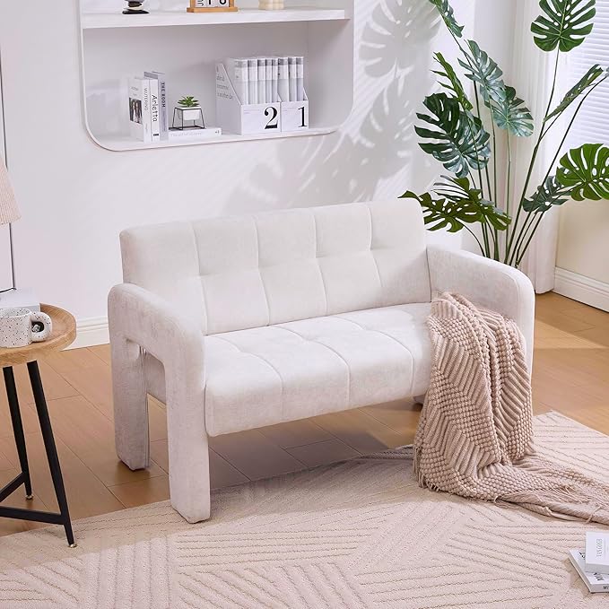 47'' Modern Loveseat Comfortable Small Couch for Two with Chenille Fabric Minimalist Accent Chair for Bedroom Office Entryway Dorm (Beige)