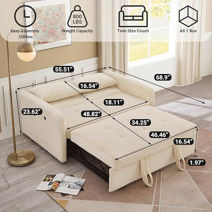 55.5 Corduroy Convertible Sofa Bed Pull Out Sleeper Sofa Bed Loveseat Couch with USB Charging Ports 3 in 1 Convertible Sleeper Sofa Bed for Living Room Apartment Bedroom RV Beige